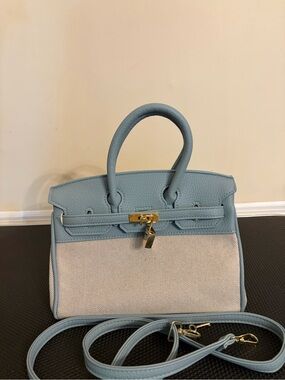 Light Blue Vegan Leather and Canvas Structured Top-Handle Tote